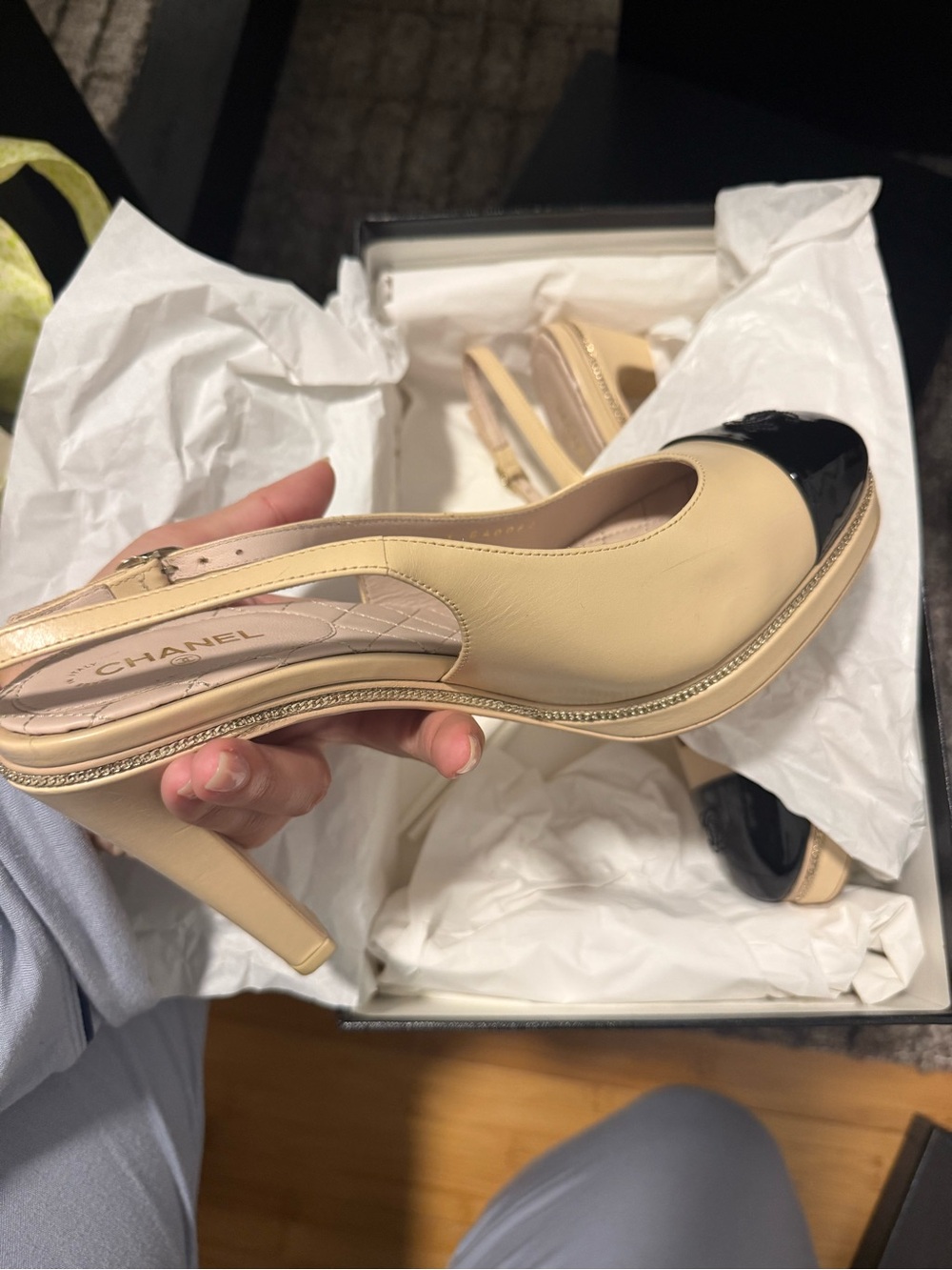 CHANEL Beige Leather Slingback Pumps with Black Cap Toe